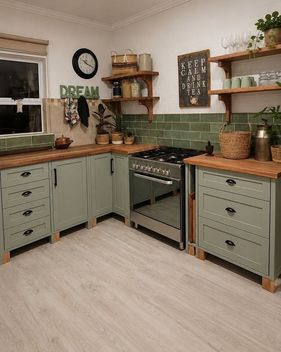 Sage green kitchen cabinets with black hardware, wooden countertops, and matching green backsplash.