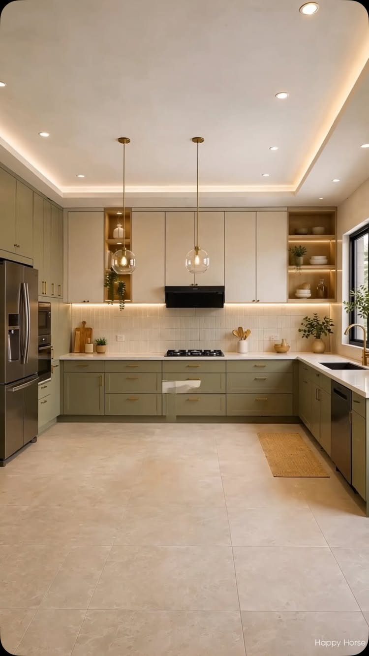 Sage green kitchen cabinets with cream upper cabinets and brass pendant light fixtures.