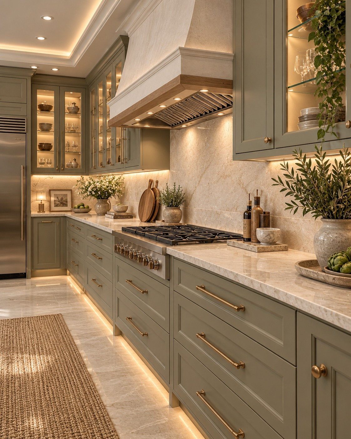 Sage green kitchen cabinets with gold hardware and white marble countertops and backsplash.