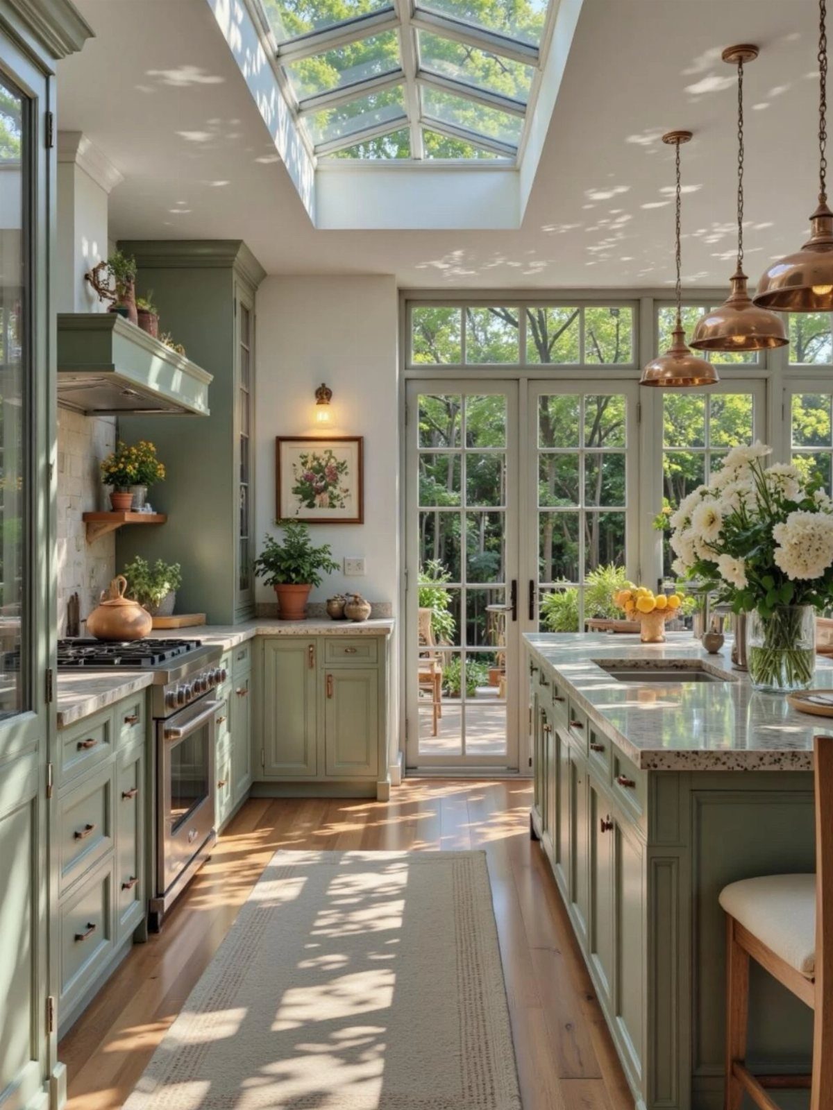 Sage green kitchen island with marble countertop under copper pendant lights and skylight