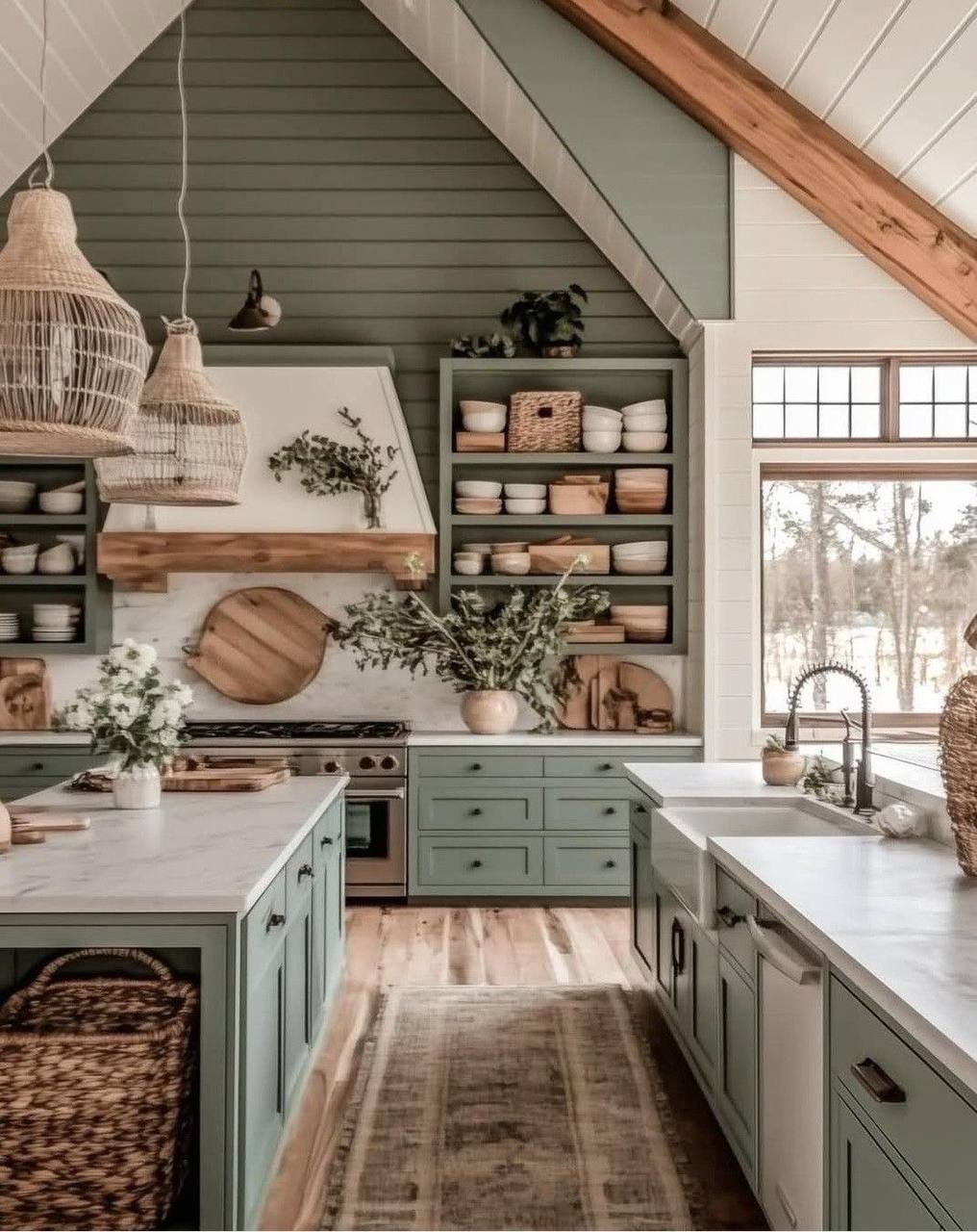 Sage green kitchen with open shelving, white marble counters, and wooden ceiling beams.