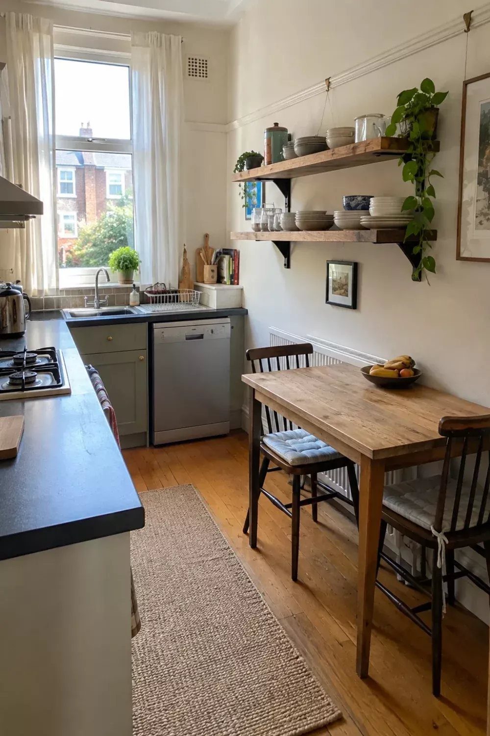 Narrow wooden dining table with black chairs in a bright, small kitchen space.