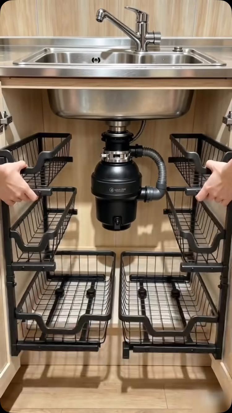 Black wire pullout sliding baskets installed inside a kitchen cabinet under the sink.
