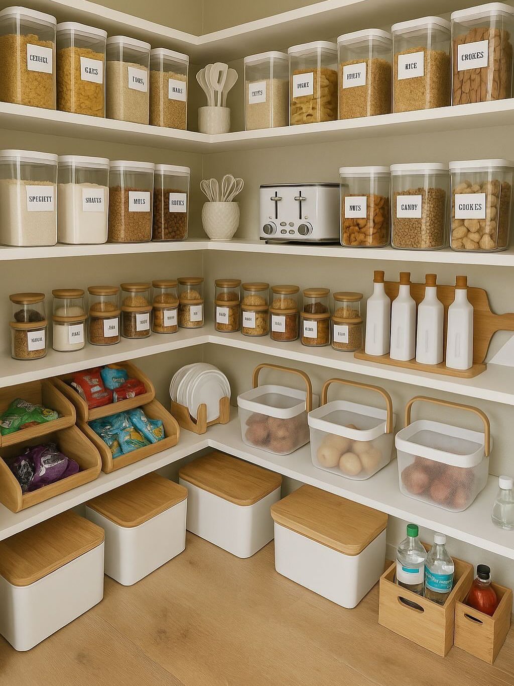 Labeled clear containers and bins organized on white kitchen pantry shelves.
