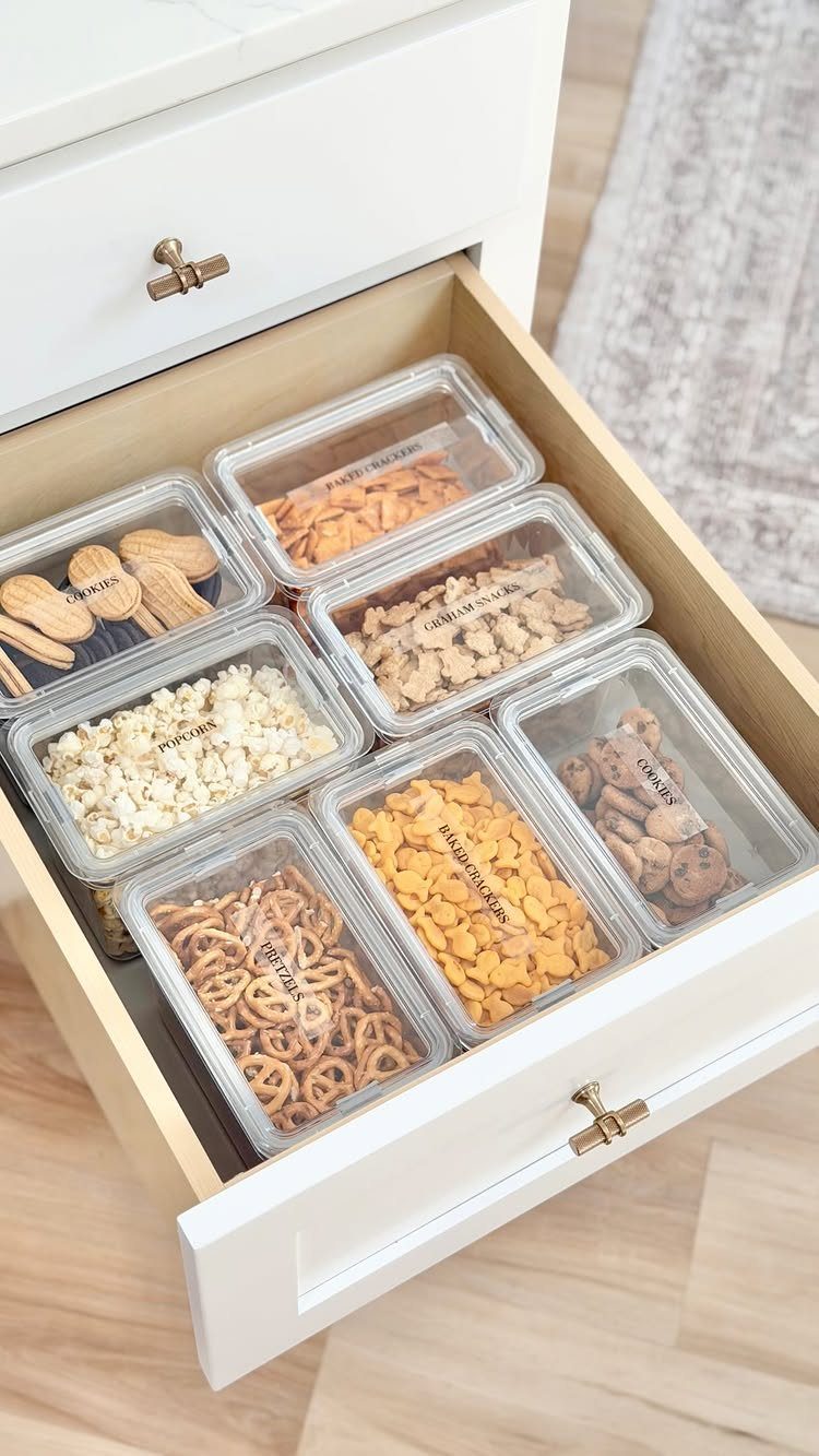Clear shallow bins organizing various snacks inside an open white kitchen drawer.