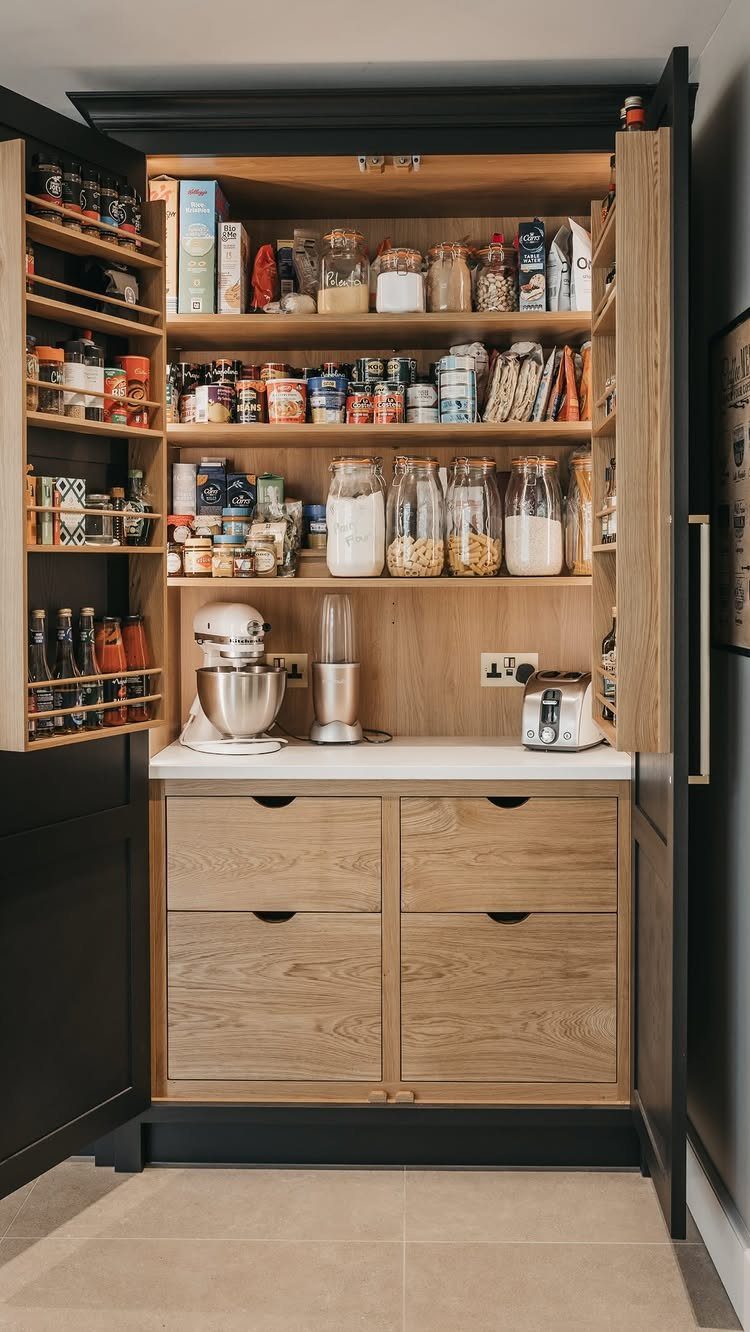 Wooden kitchen pantry with spice racks on the door and organized shelves.