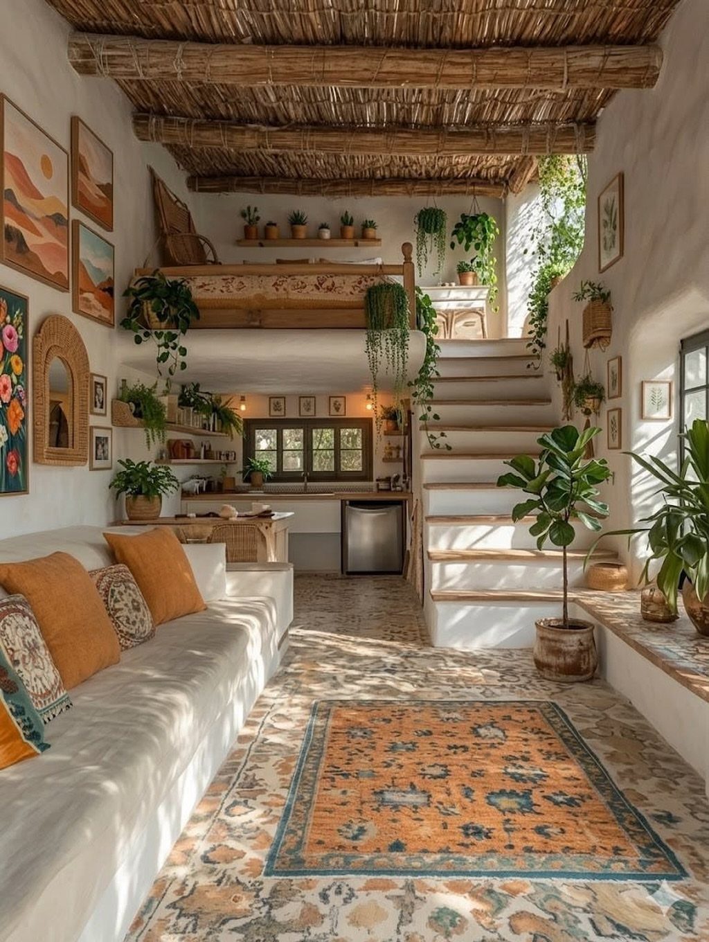 White sofa and patterned rugs in a small room with a loft bed