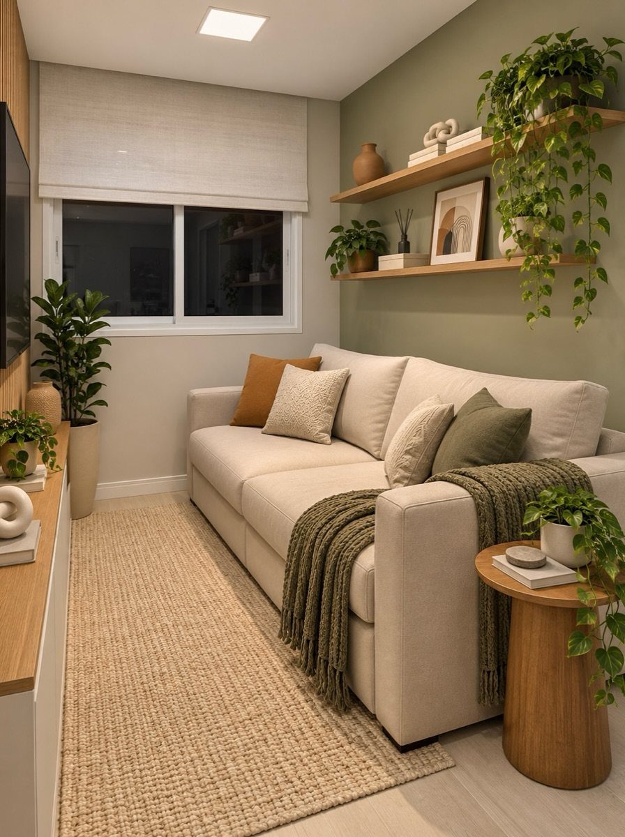 Cream sofa with green accent wall, floating wooden shelves, and indoor potted plants.
