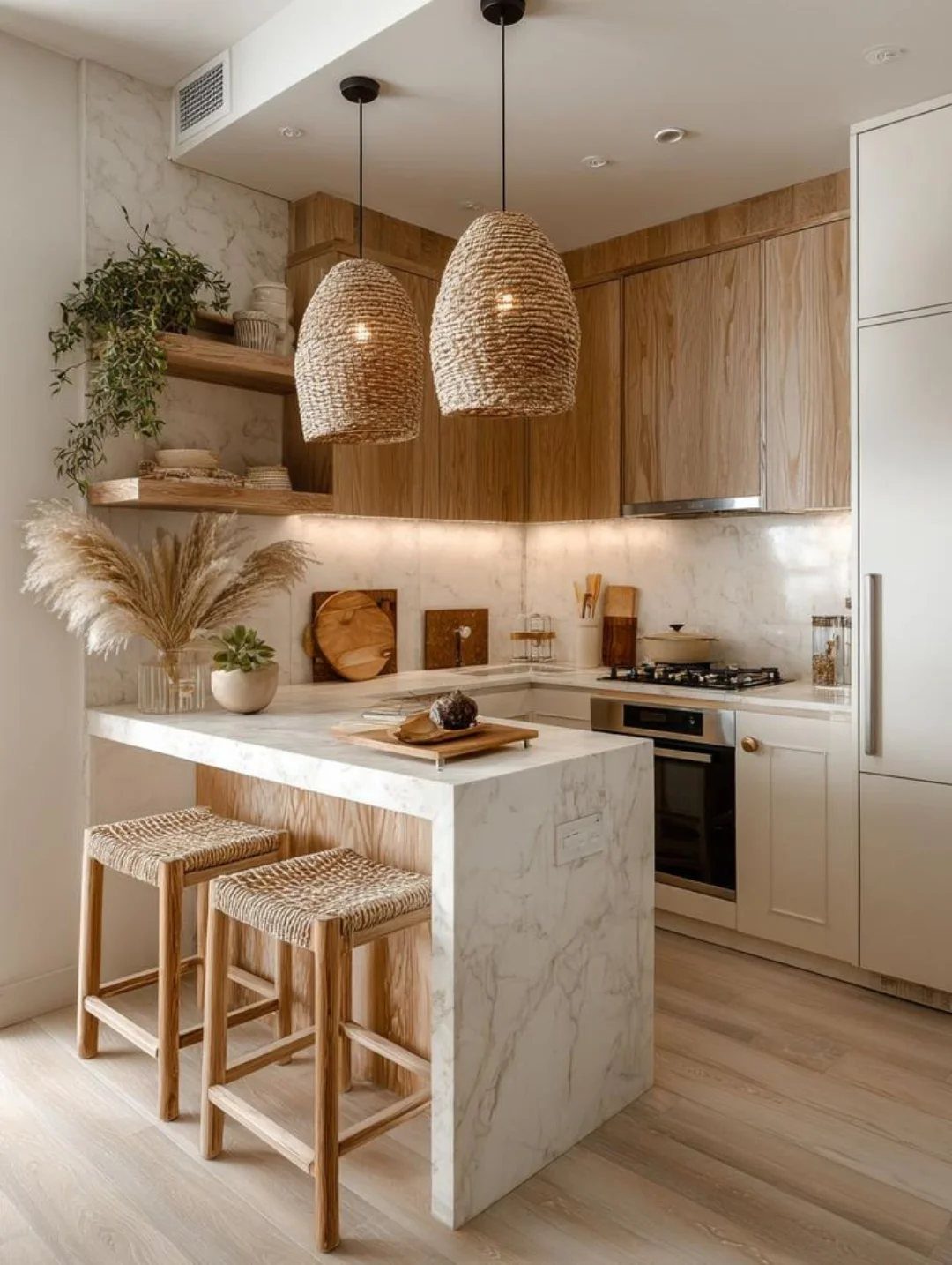 Narrow white marble kitchen island with woven stools and hanging wicker pendant lights.