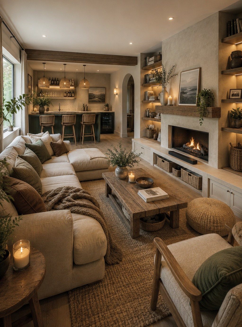 Beige sectional sofa and wooden coffee table in an open living room and kitchen