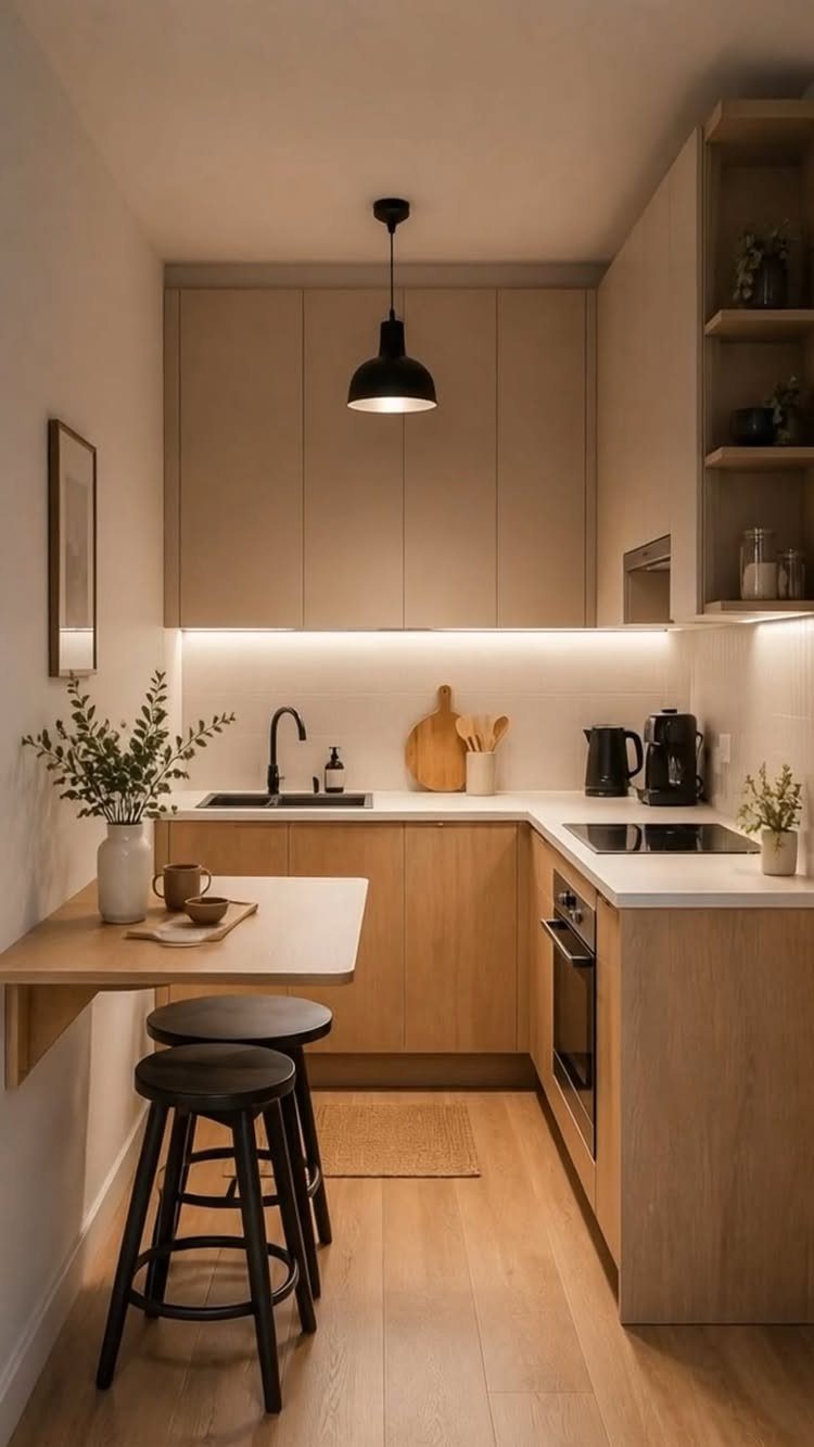 Small kitchen with light wood cabinets, black pendant light, and under-cabinet lighting.