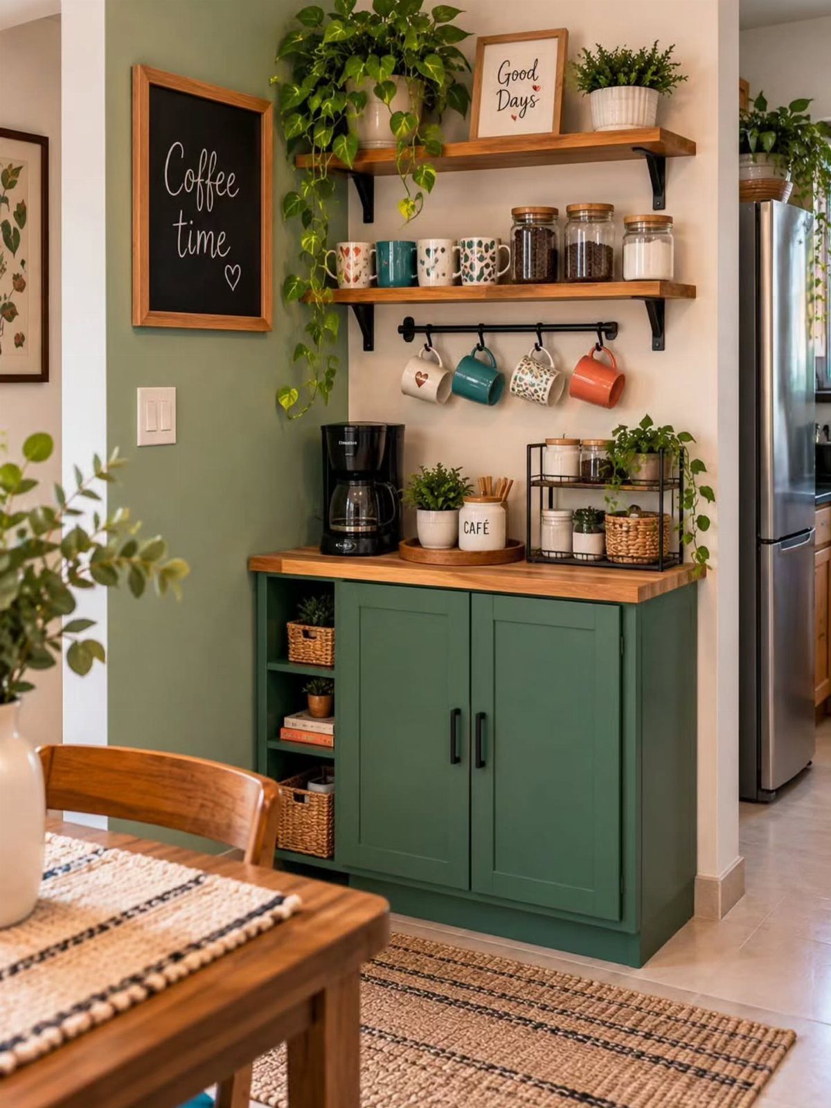 Coffee station with green cabinet, wooden shelves, coffee maker, and coffee time chalkboard.