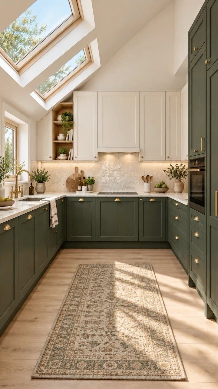 Galley kitchen with dark green lower cabinets, cream upper cabinets, and bright skylights.