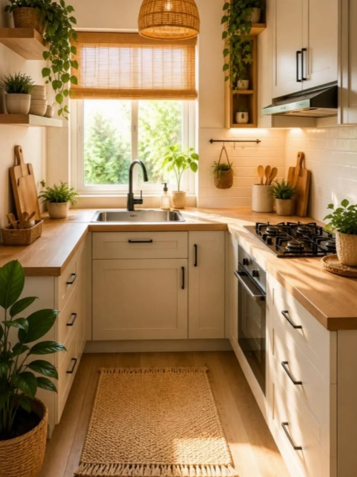 Small white kitchen with light wood countertops, natural lighting, and green potted plants.