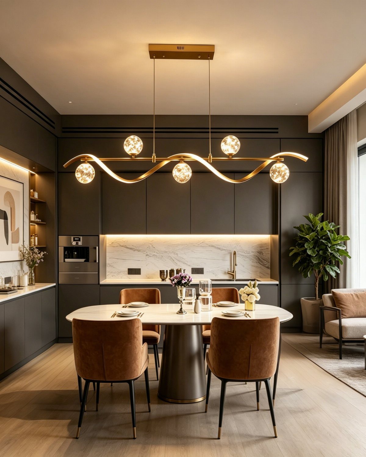 Gold wavy chandelier with globe bulbs hanging over a modern dining table.