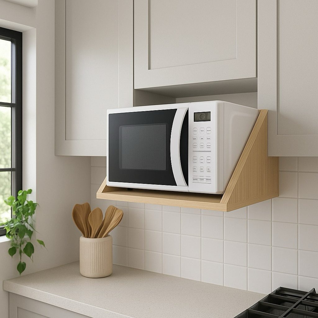 White microwave on a wooden corner shelf beneath white kitchen cabinets.