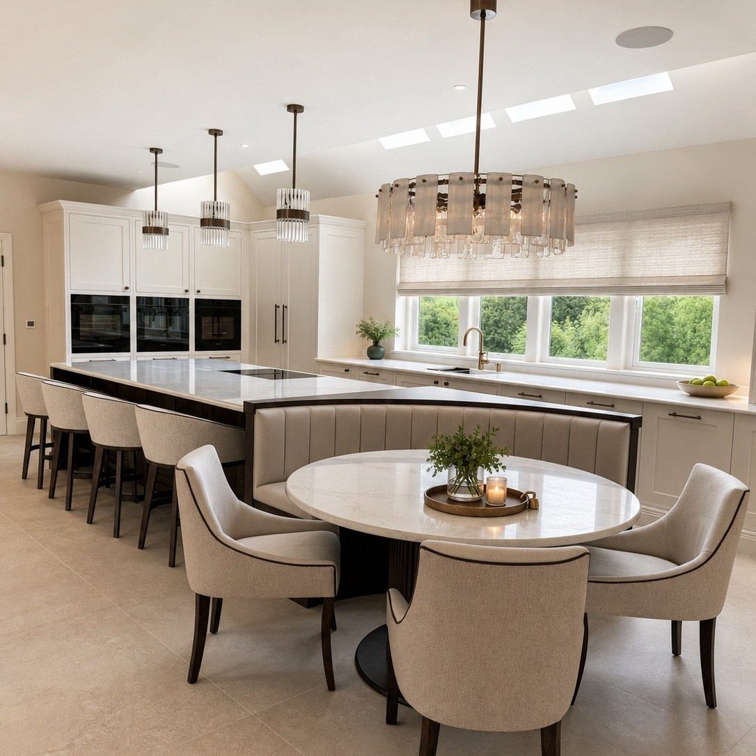 Round dining table and curved banquette attached to a long white kitchen island.