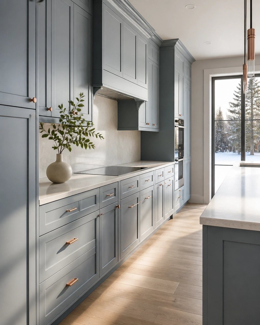 Dusty blue-gray kitchen cabinets with gold handles and white countertops in a bright room.