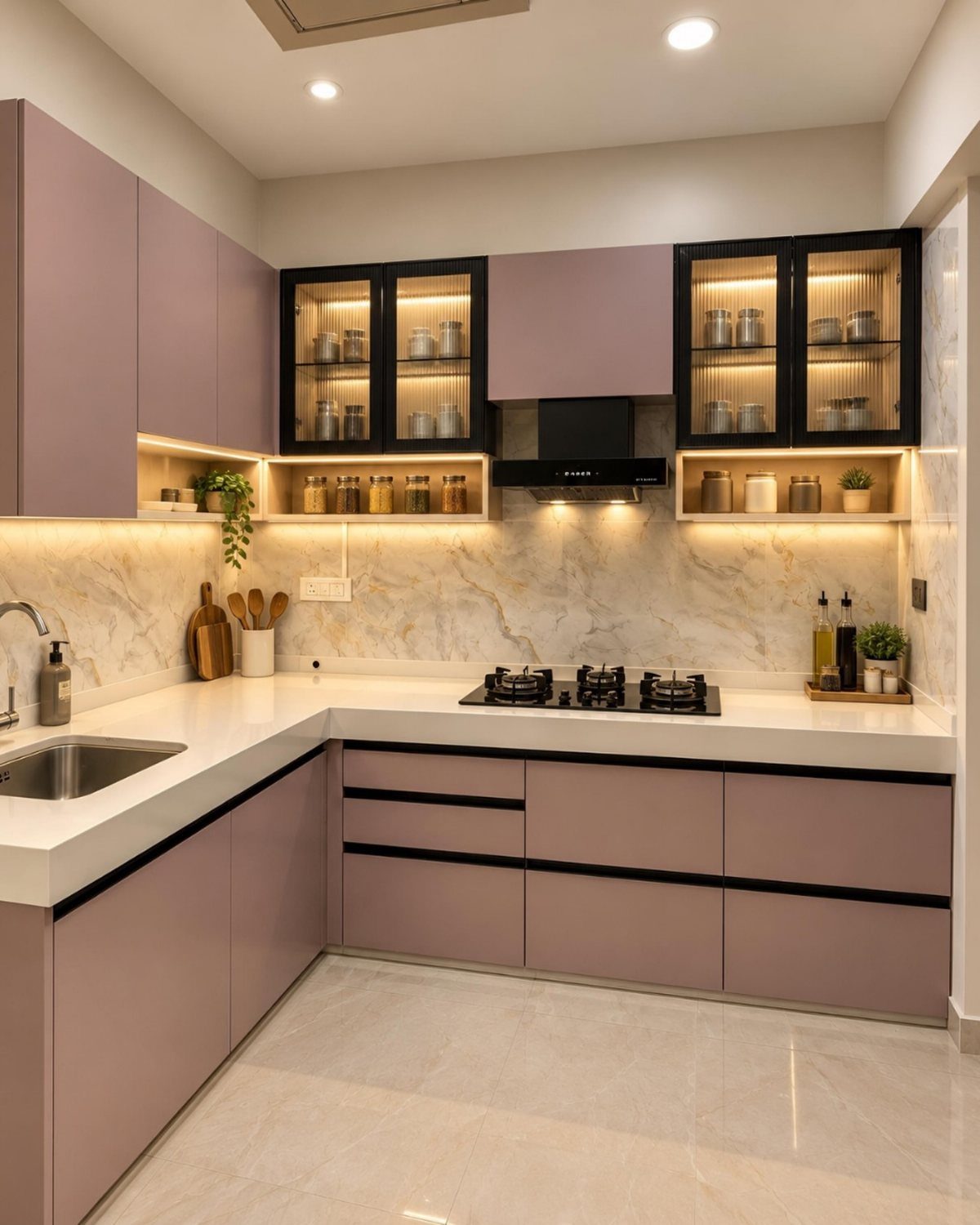 Dusty rose kitchen cabinets with white countertops and a marble backsplash.