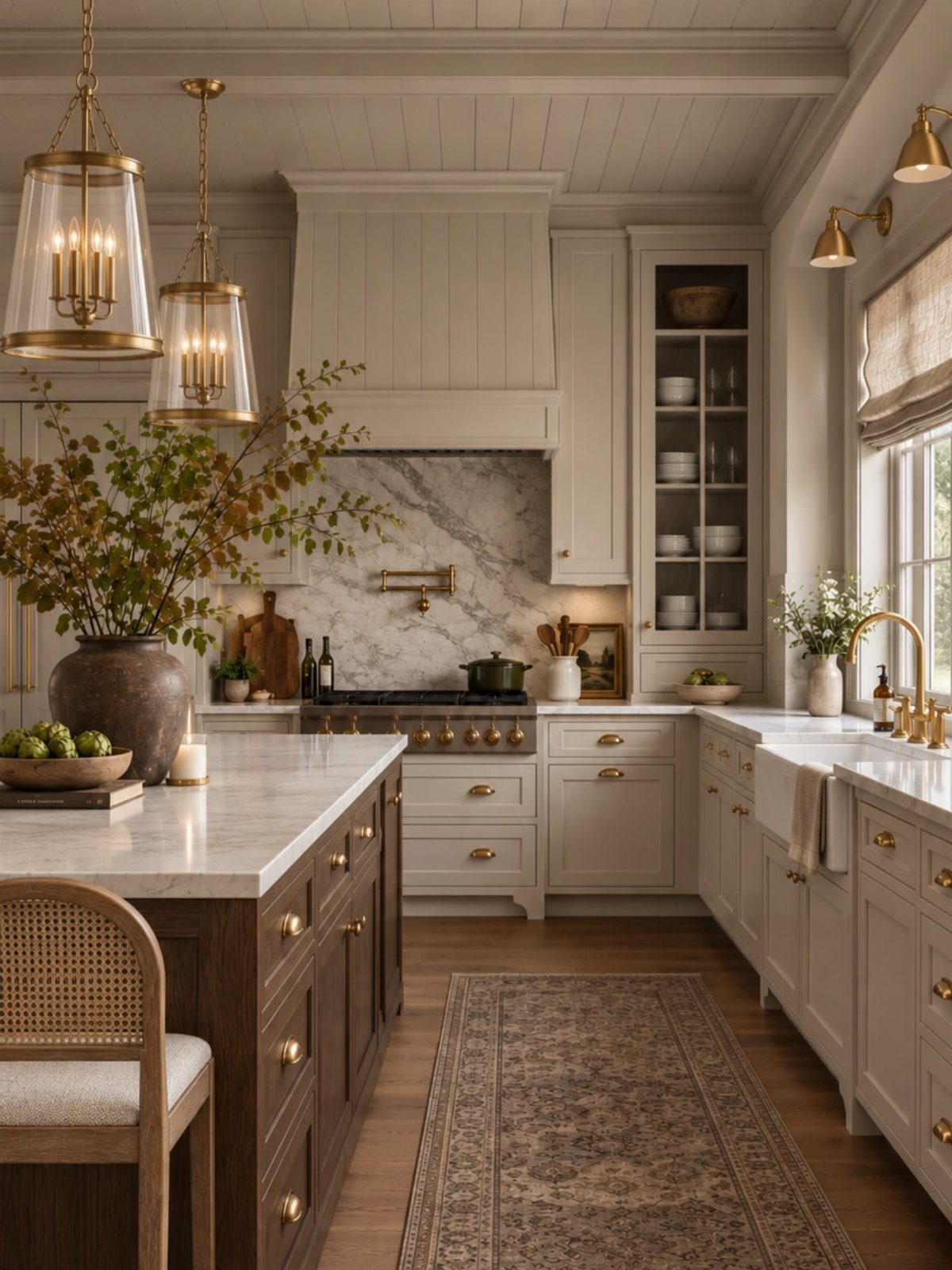 Mushroom-colored kitchen cabinets with a dark wood island and white marble countertops.