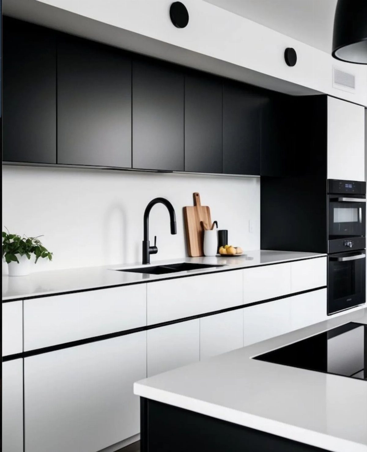 Modern kitchen with matte black upper cabinets and white lower cabinets and countertops.
