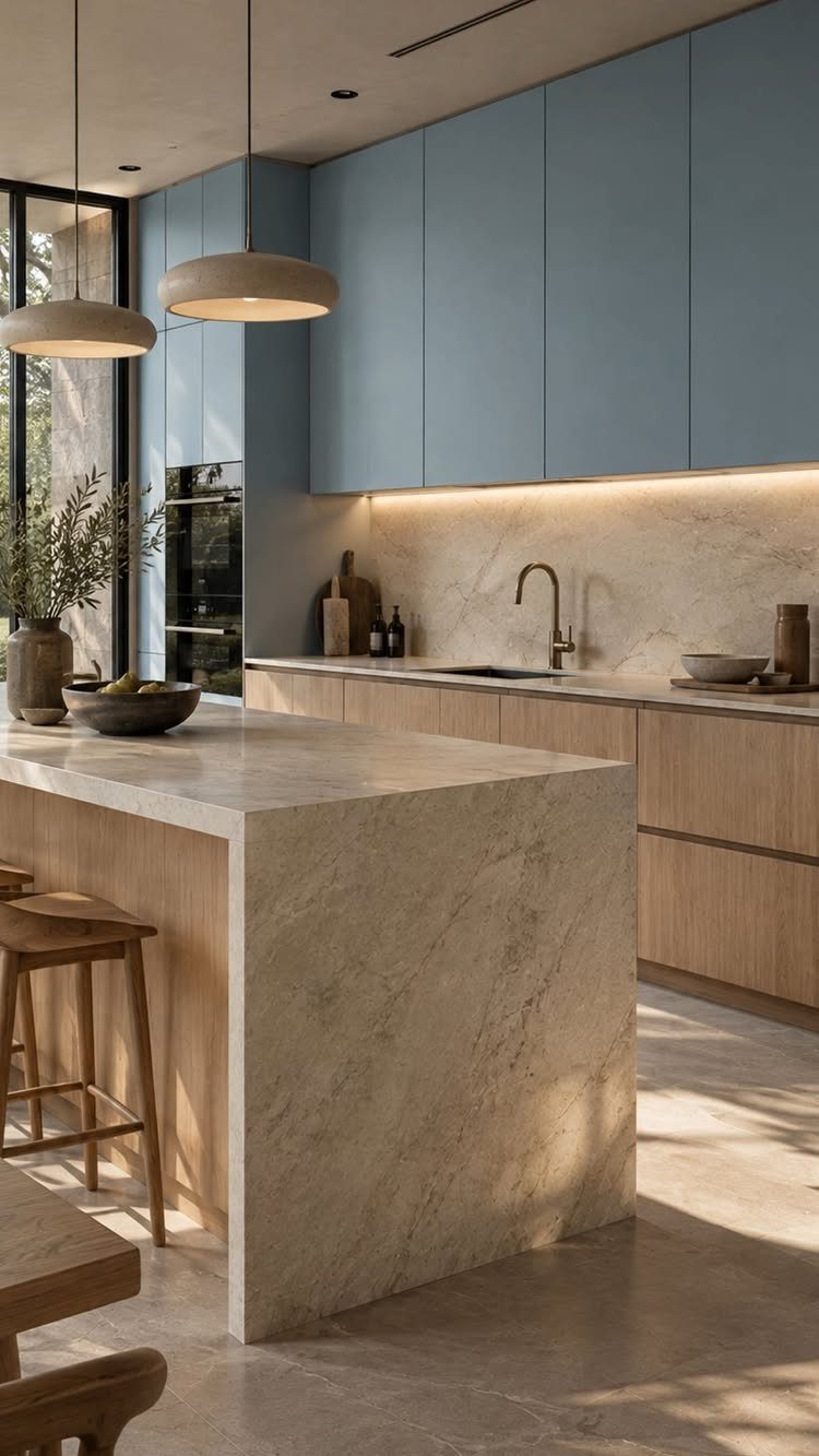 Light blue upper cabinets and light wood lower cabinets in a modern kitchen.