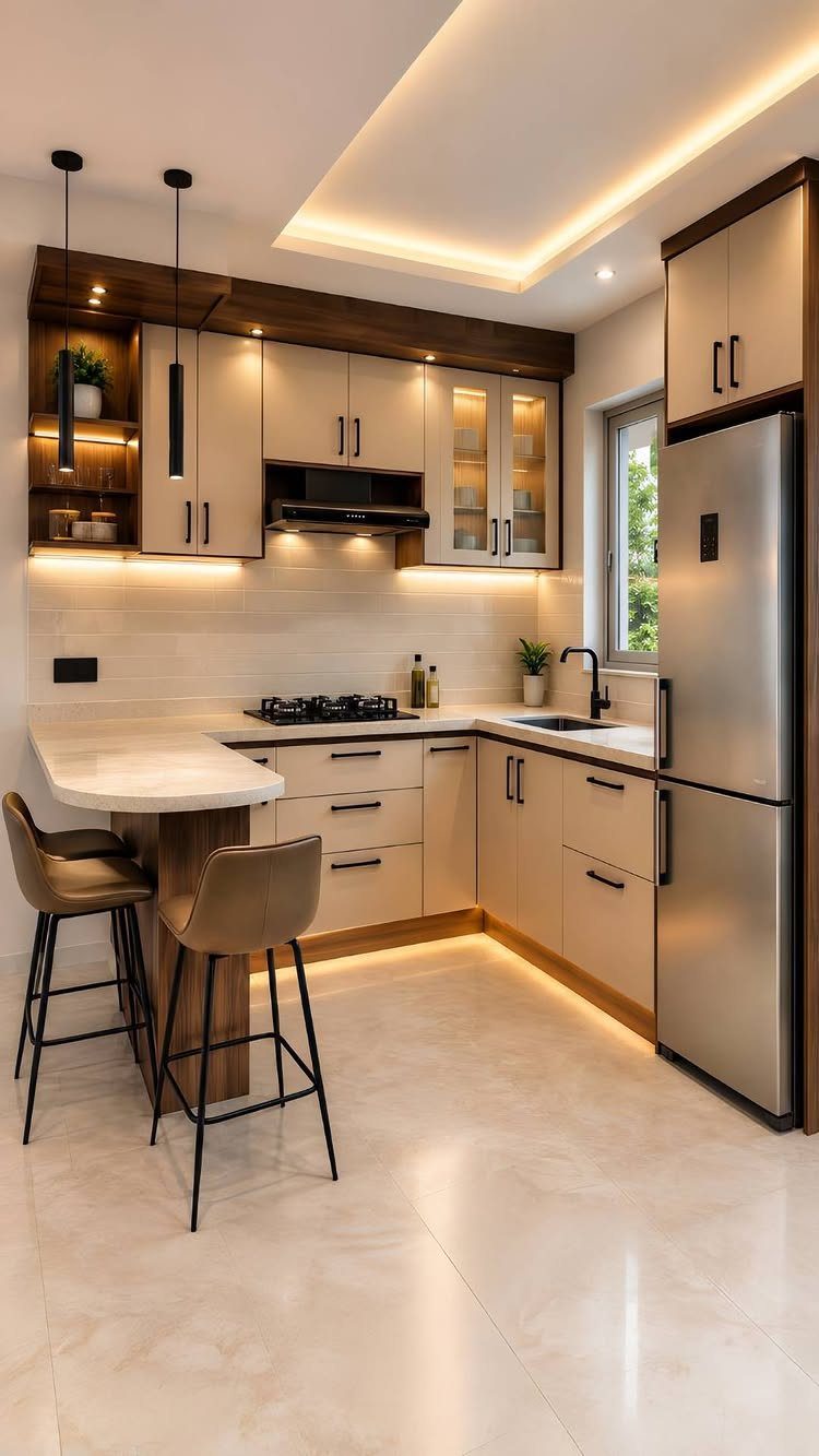Beige kitchen cabinets with dark wood accents, white countertops, and brown bar stools.