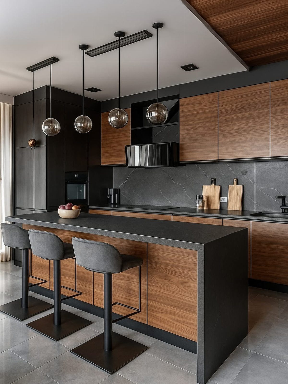 Black countertops and dark wood cabinets in a modern, minimalist kitchen design.