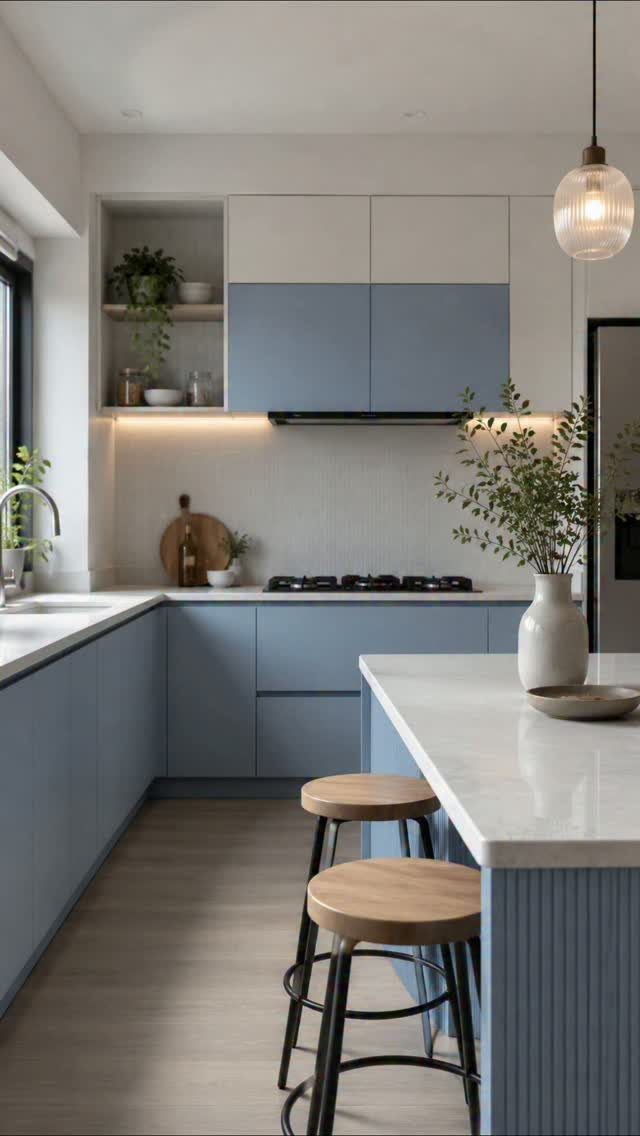 Blue lower cabinets and white upper cabinets in a modern, bright kitchen space.
