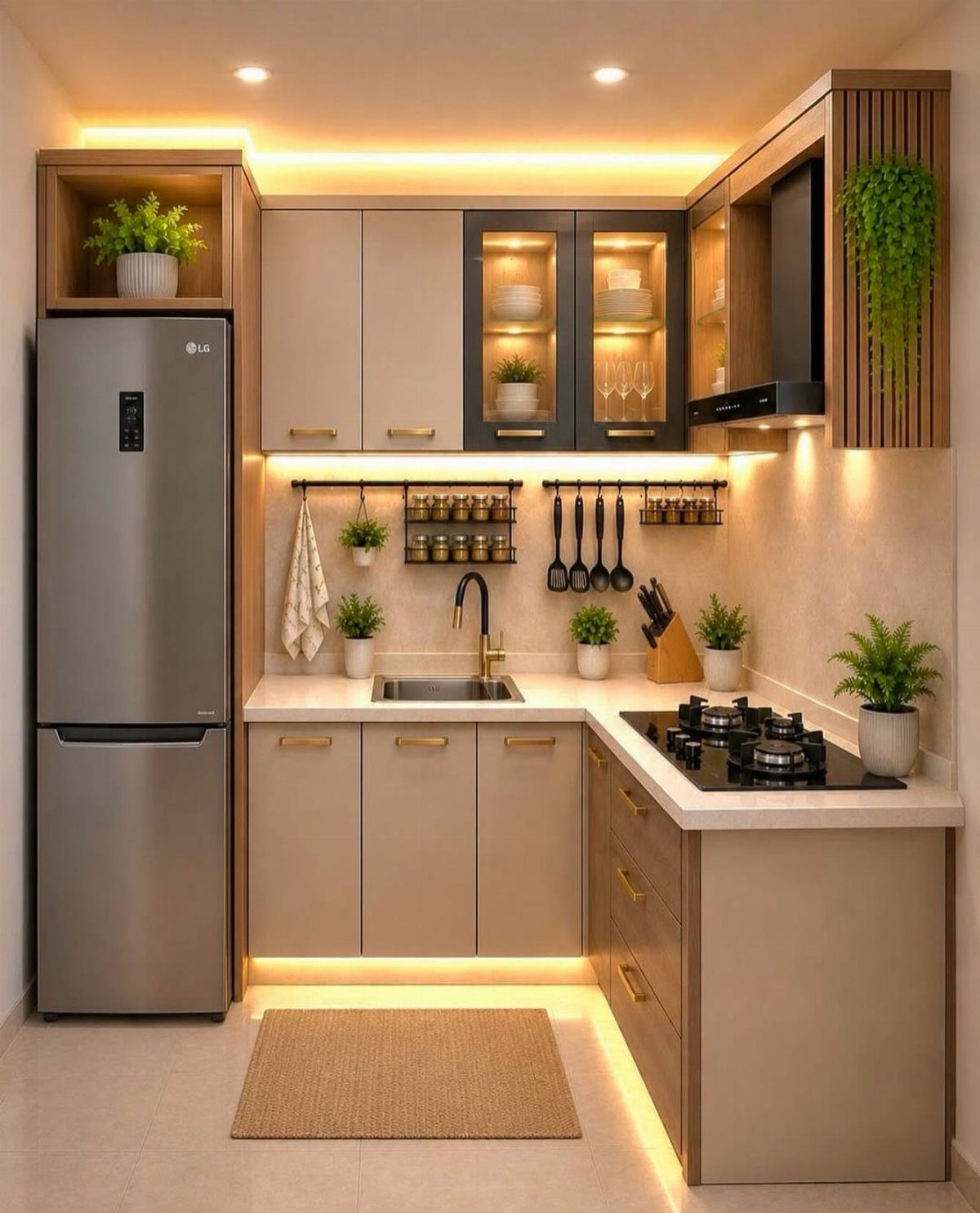 Beige and dark gray two-tone kitchen cabinets with gold hardware and warm lighting.