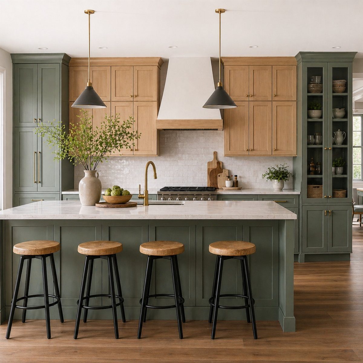 Sage green kitchen island and lower cabinets paired with natural wood upper cabinets.
