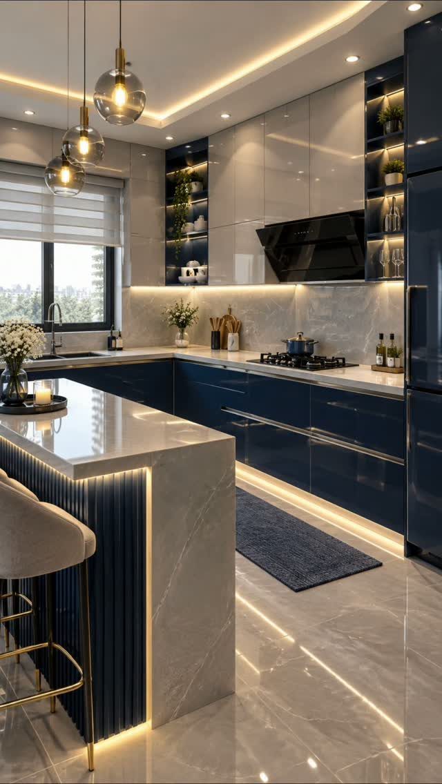 Modern kitchen with navy blue lower cabinets and glossy white upper cabinets.