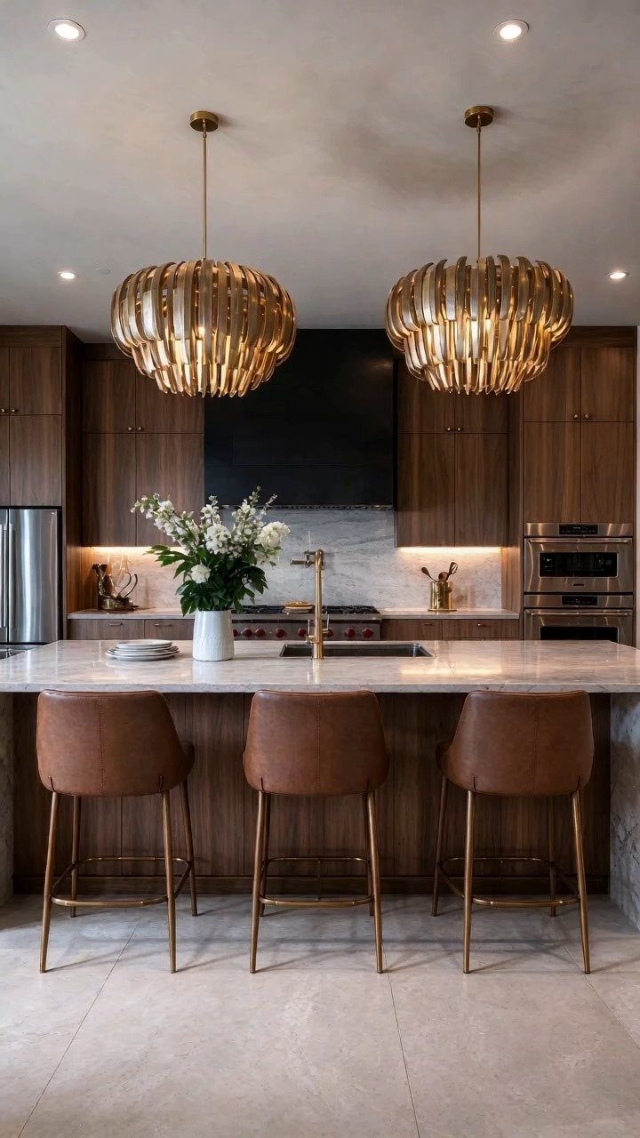 Dark walnut kitchen cabinets with a white marble island and gold pendant lights.