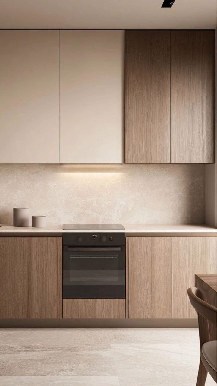 Flat-panel walnut kitchen cabinets with beige upper units and a black integrated oven.