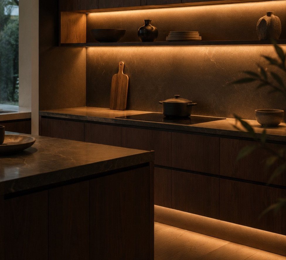 Minimalist walnut kitchen cabinets with dark stone countertops and warm integrated LED lighting.
