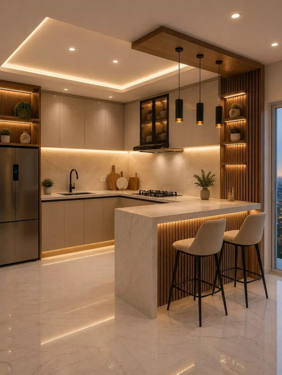 Modern kitchen with white marble island, slatted wood accents, and light-colored cabinetry.