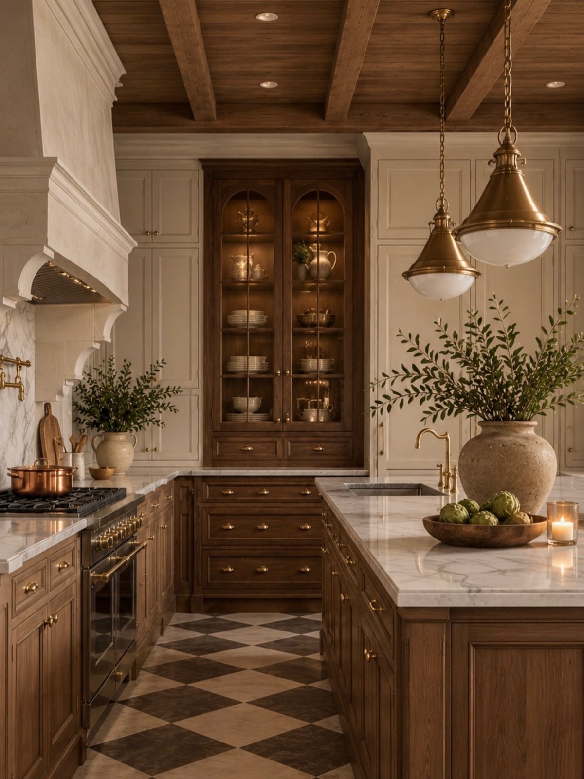 Walnut kitchen cabinets with white accents, marble countertops, and a beamed wood ceiling.