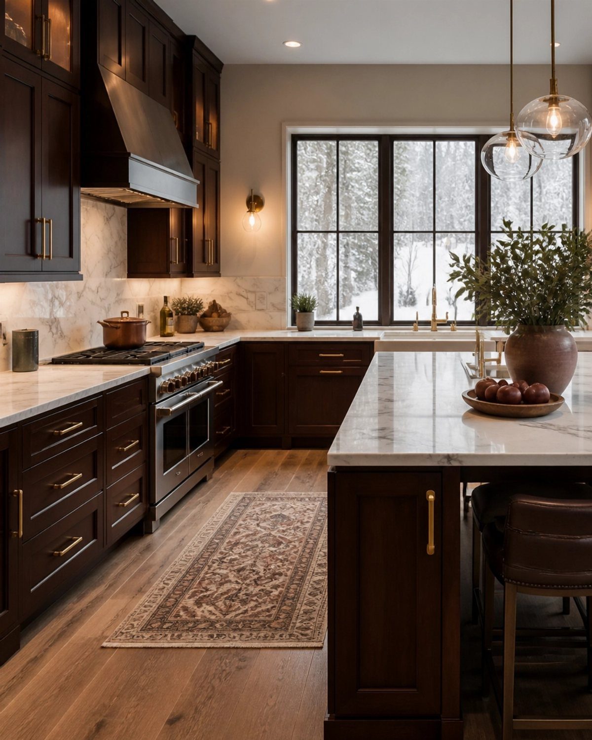 Chocolate brown wood kitchen cabinets with white marble countertops and a patterned rug.
