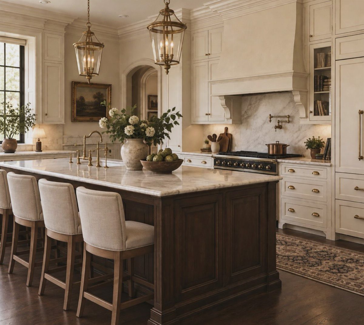 Dark wood kitchen island with white marble countertop and white perimeter cabinetry.