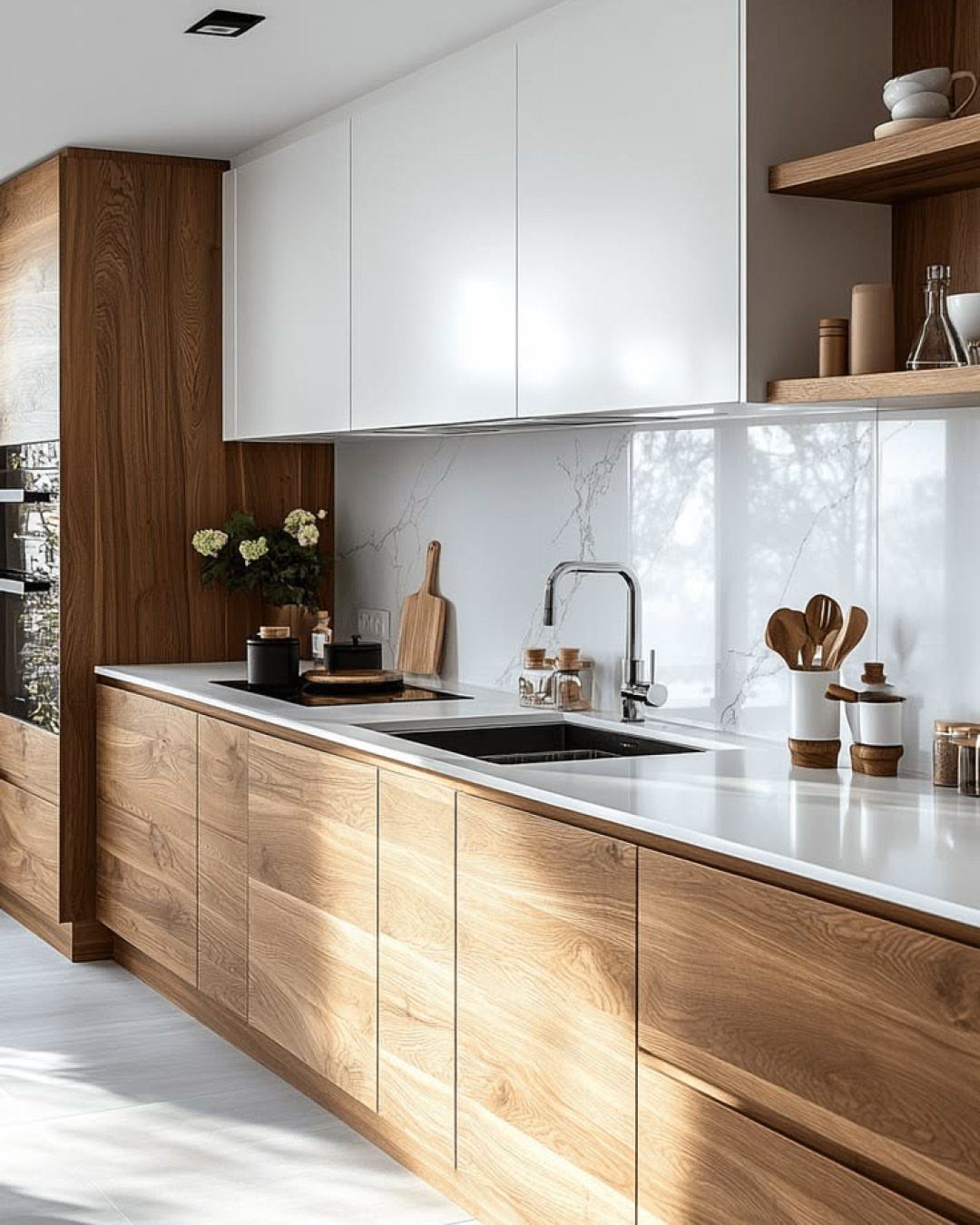 Light wood lower cabinets and white upper cabinets in a modern marble kitchen.