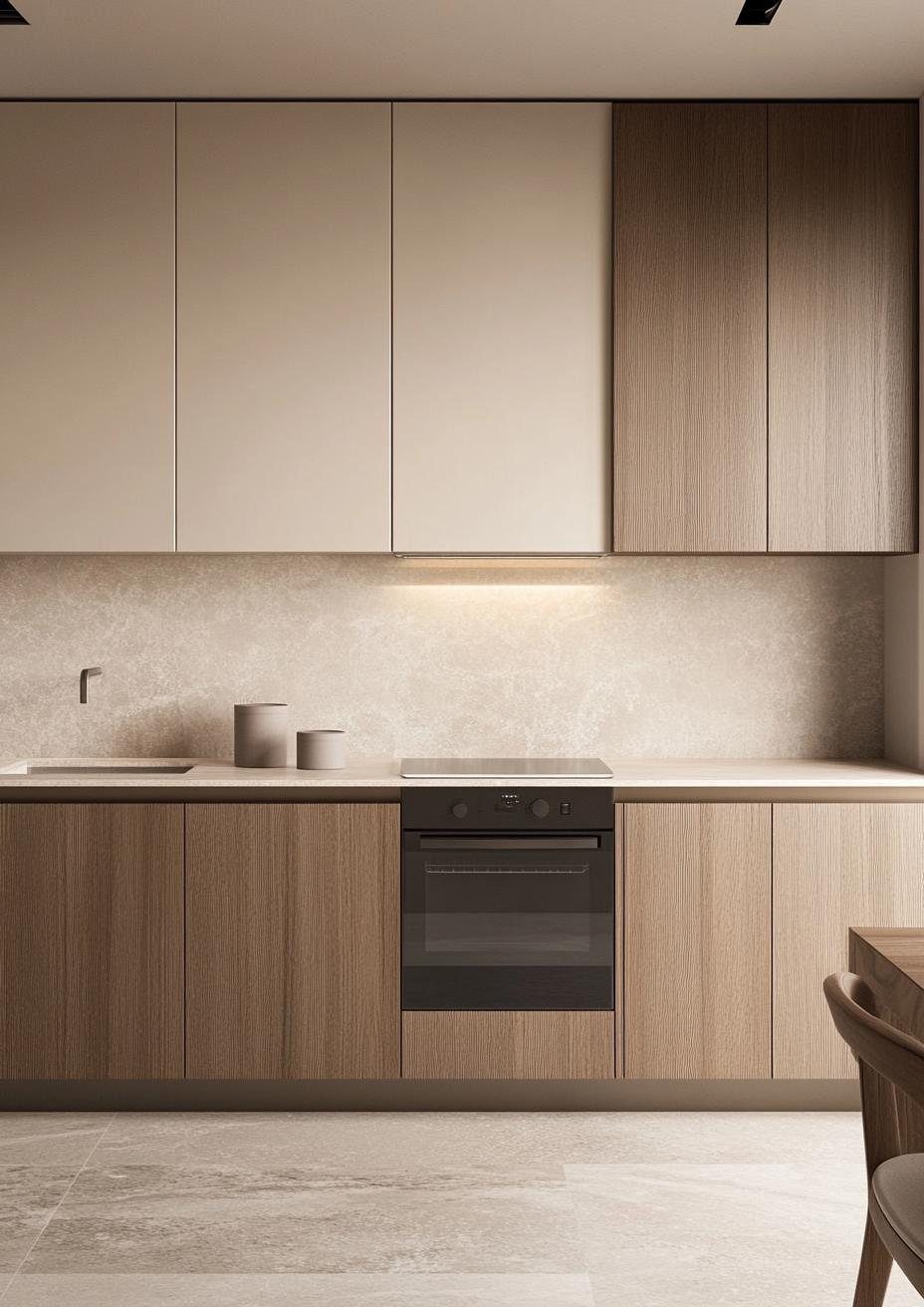Beige upper cabinets and warm wood lower cabinets in a modern minimalist kitchen.