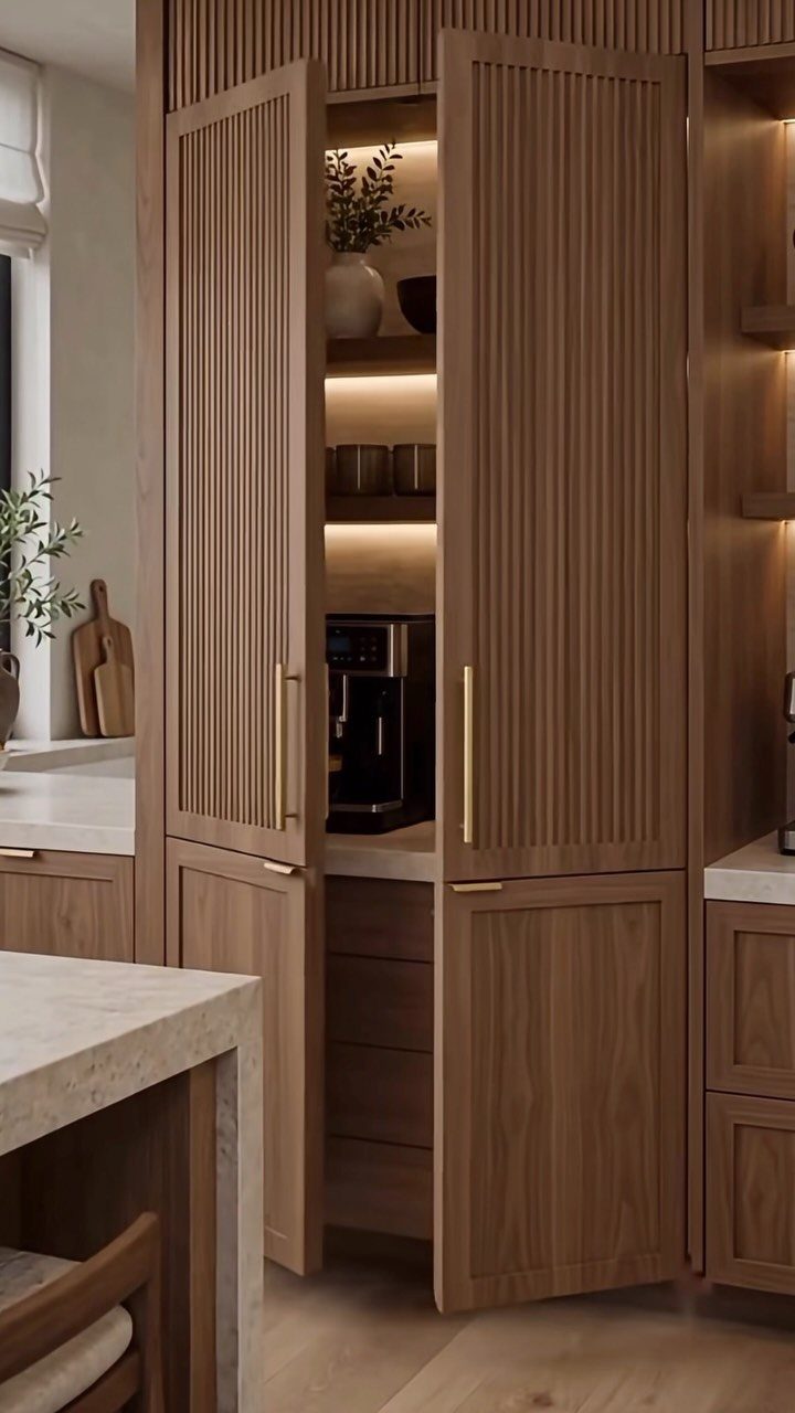 Medium-brown wood kitchen cabinets with fluted doors and a built-in coffee station.