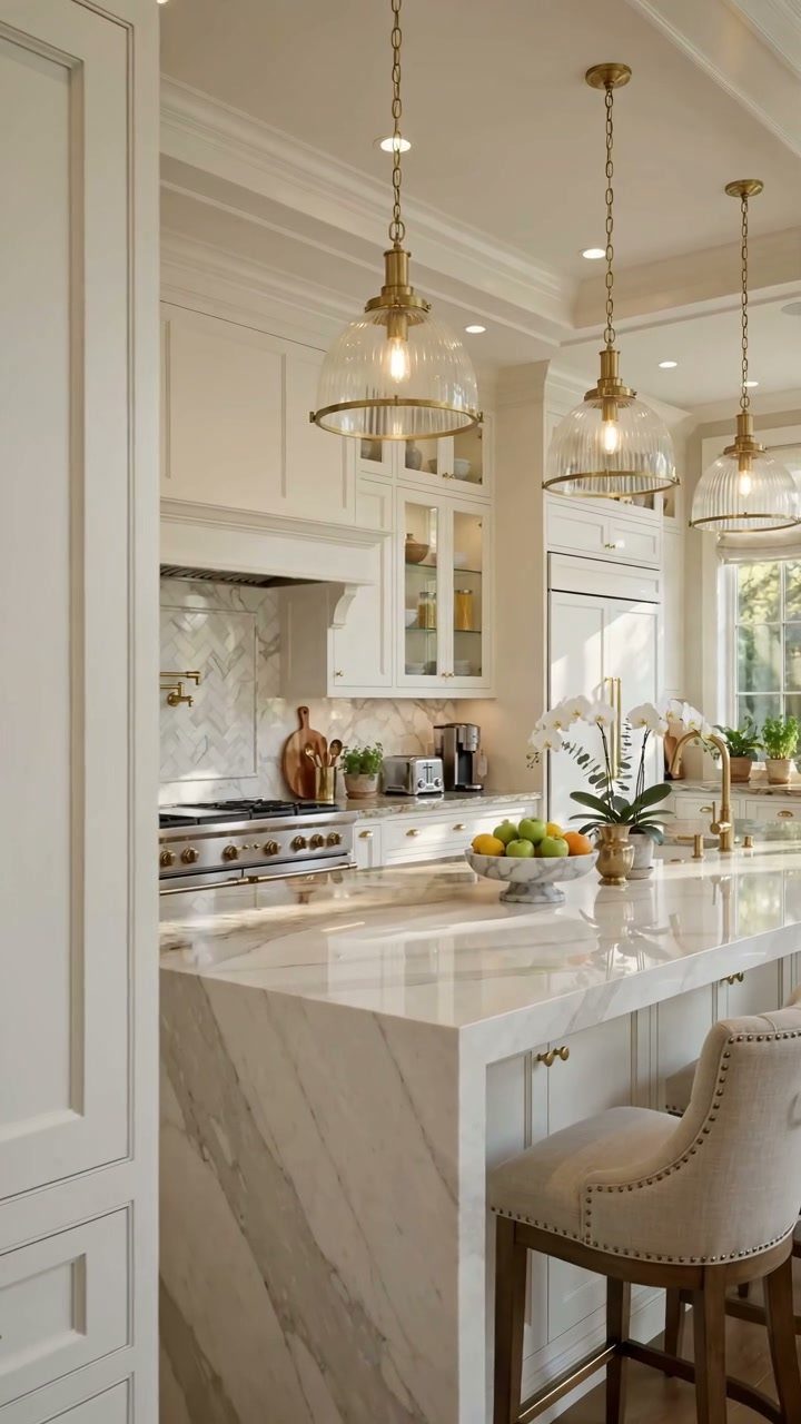 White marble kitchen island with glossy countertops and gold pendant lights above.