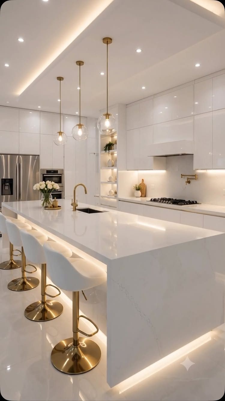 Modern white kitchen with glossy cabinets, marble island, and gold pendant lighting.
