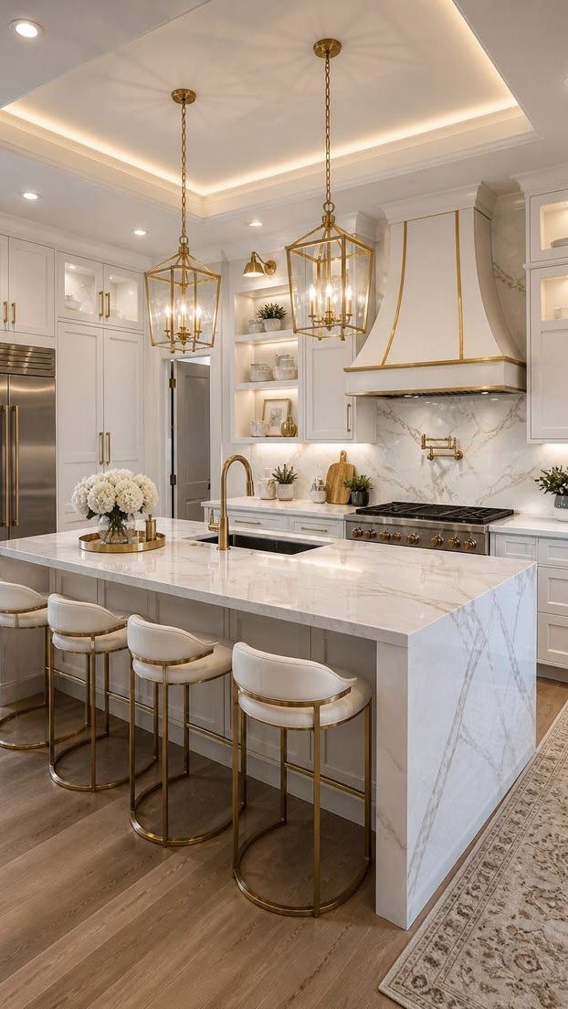 White kitchen with marble countertops, gold cabinet hardware, and gold pendant lighting.