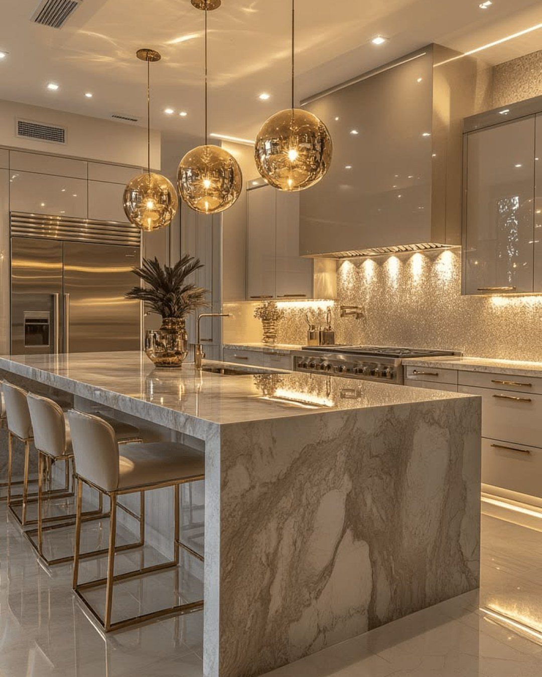 Three gold spherical pendant lights hanging over a marble kitchen island with stools.