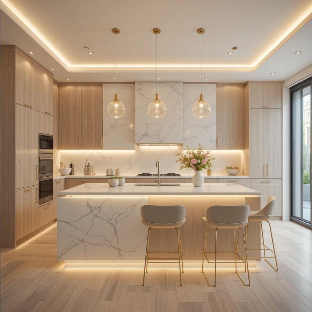 Three glass globe pendant lights hanging over a white marble kitchen island.