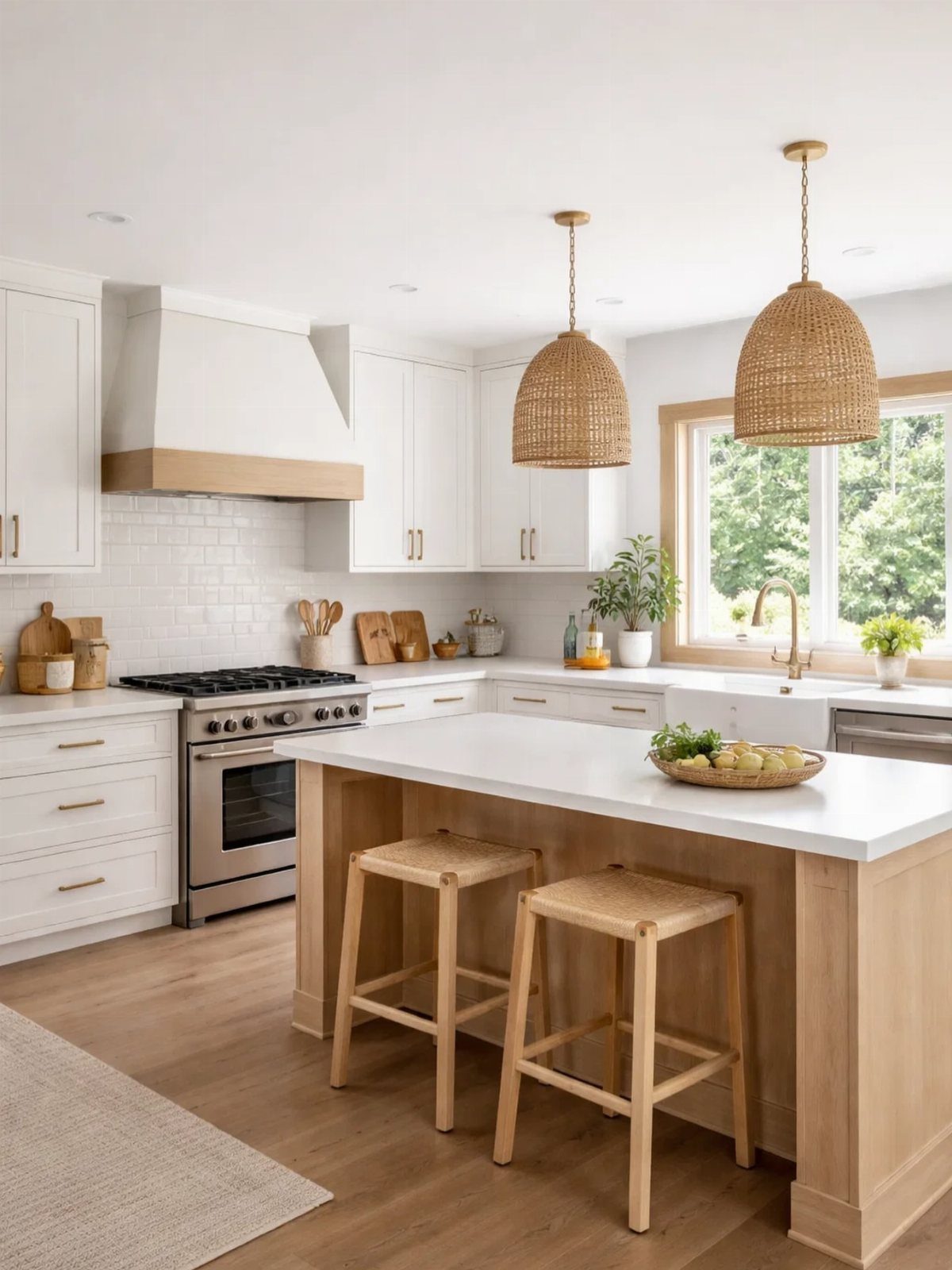 White metro tile backsplash in a bright kitchen with wooden island and cabinets