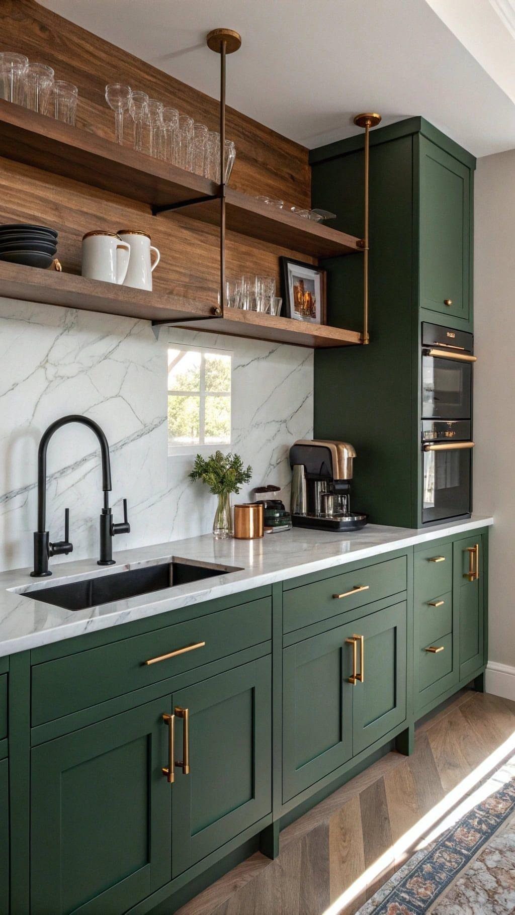 Dark green kitchen cabinets with gold hardware and white marble countertops and backsplash