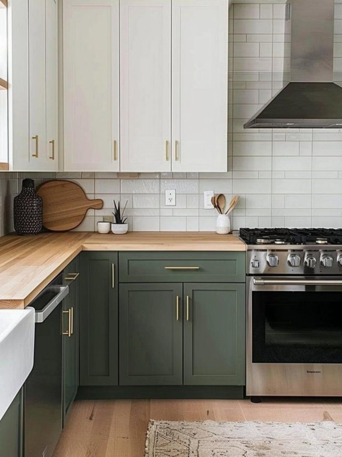 White upper and green lower kitchen cabinets with gold hardware and wood countertops.